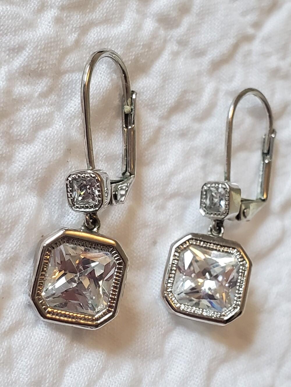 Silver-Tone Radiant-cut Clear Crystal Drop Earrings In A Bezel Setting